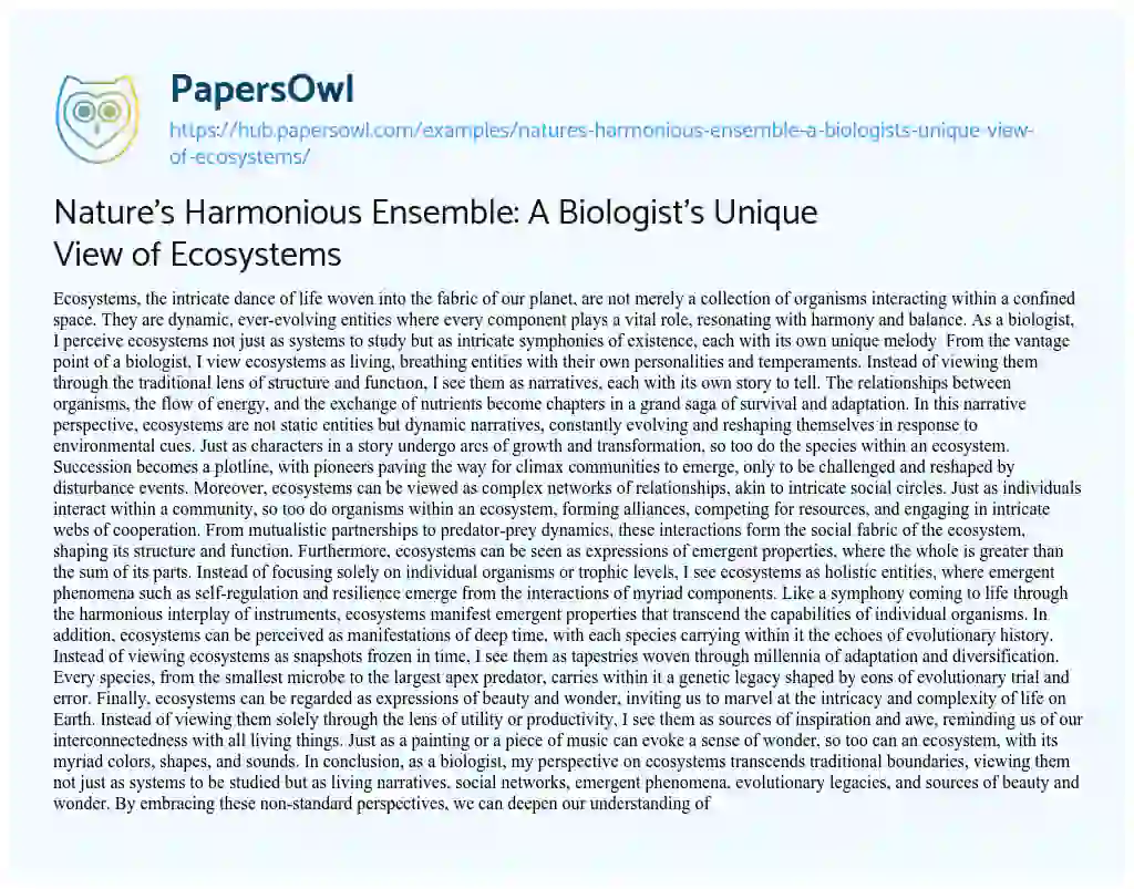 Essay on Nature’s Harmonious Ensemble: A Biologist’s Unique View of Ecosystems