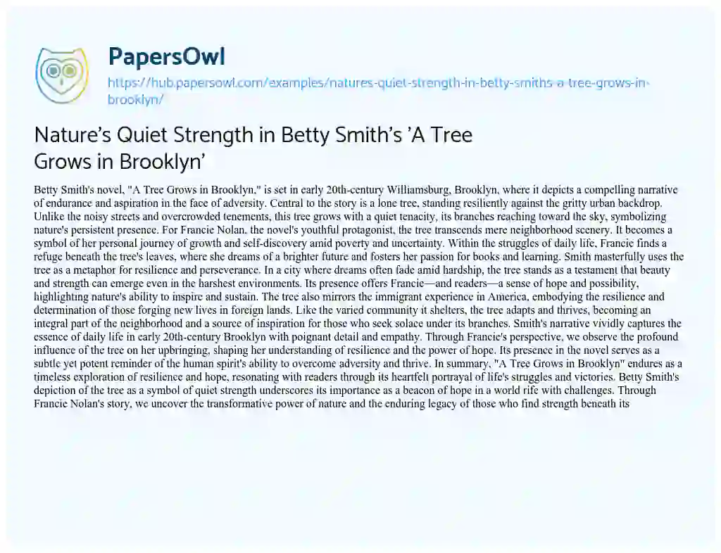 Essay on Nature’s Quiet Strength in Betty Smith’s ‘A Tree Grows in Brooklyn’