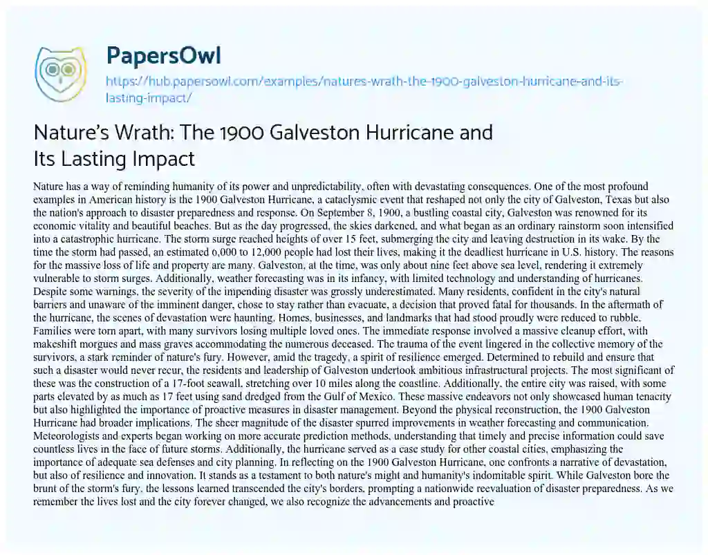Essay on Nature’s Wrath: The 1900 Galveston Hurricane and Its Lasting Impact