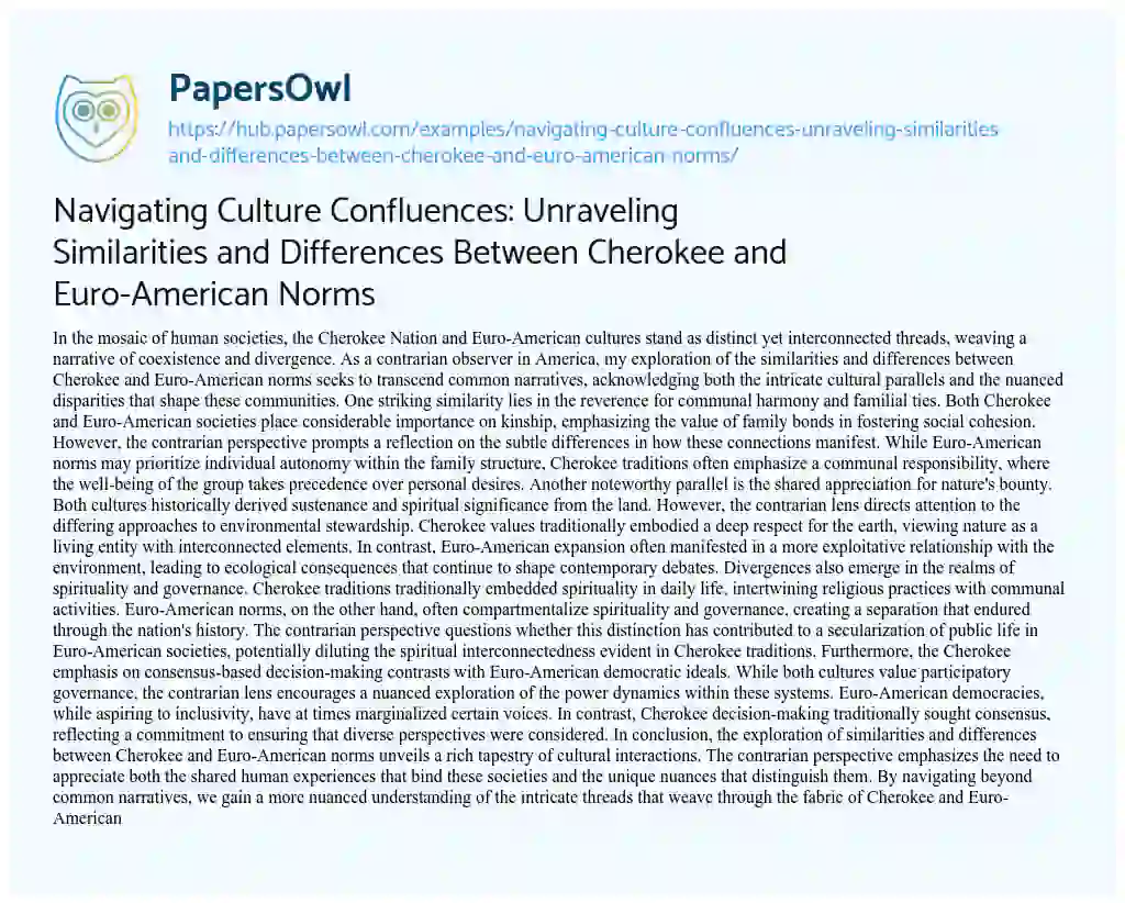 Essay on Navigating Culture Confluences: Unraveling Similarities and Differences Between Cherokee and Euro-American Norms