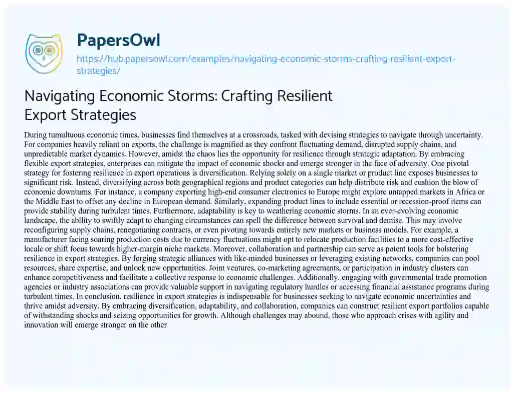 Essay on Navigating Economic Storms: Crafting Resilient Export Strategies