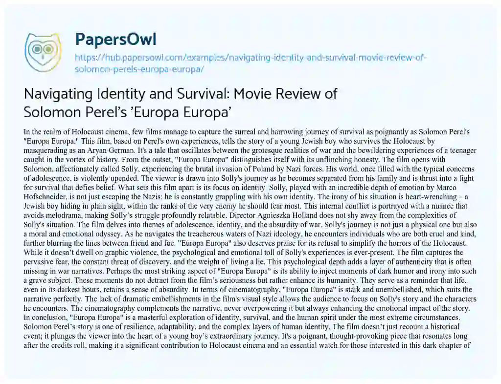 Essay on Navigating Identity and Survival: Movie Review of Solomon Perel’s ‘Europa Europa’