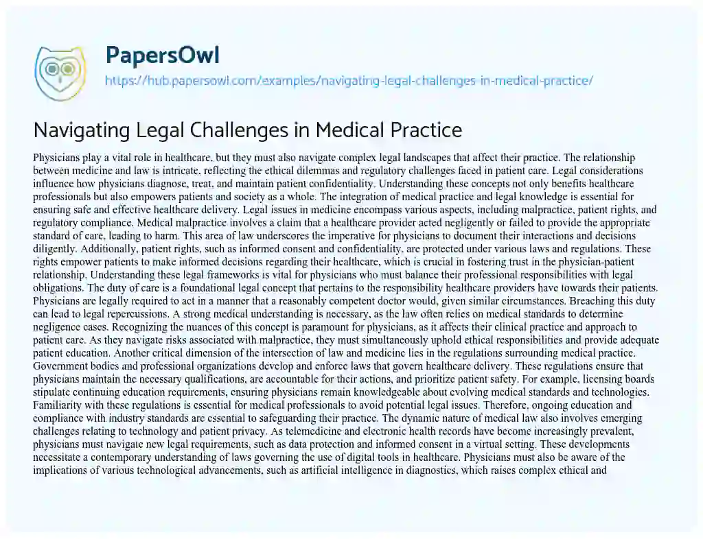 Essay on Navigating Legal Challenges in Medical Practice