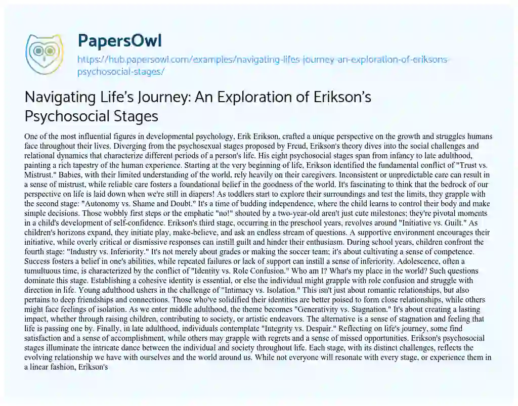 Essay on Navigating Life’s Journey: An Exploration of Erikson’s Psychosocial Stages