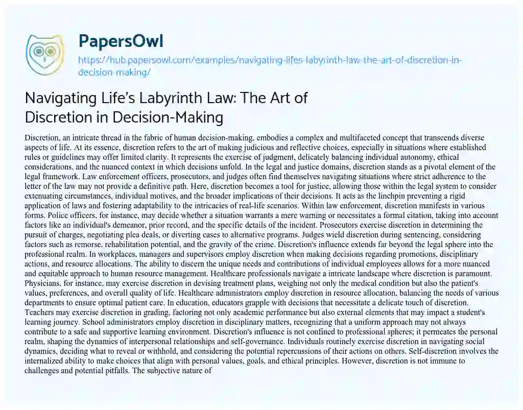 Essay on Navigating Life’s Labyrinth Law: The Art of Discretion in Decision-Making
