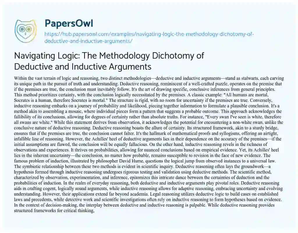 Essay on Navigating Logic: The Methodology Dichotomy of Deductive and Inductive Arguments