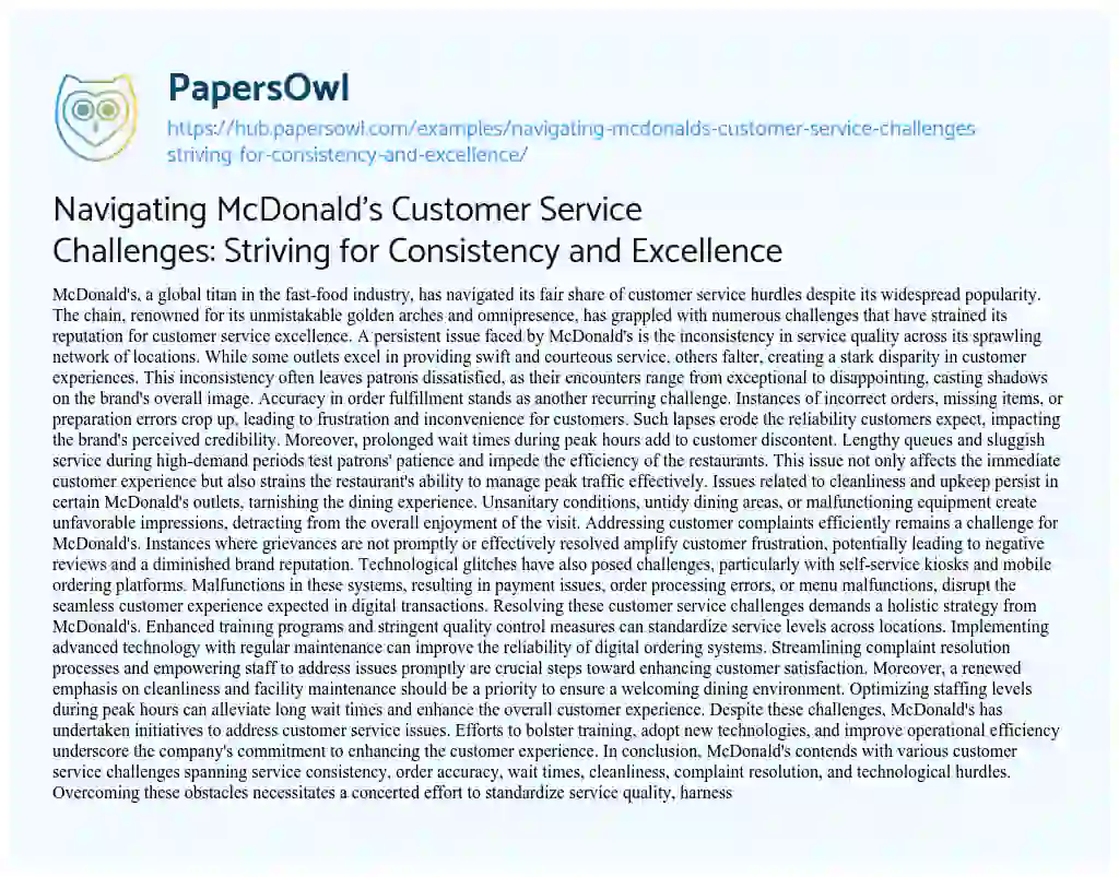 Essay on Navigating McDonald’s Customer Service Challenges: Striving for Consistency and Excellence