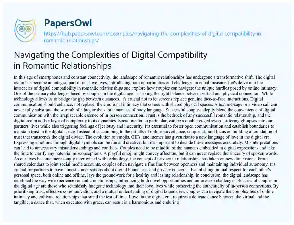 Essay on Navigating the Complexities of Digital Compatibility in Romantic Relationships
