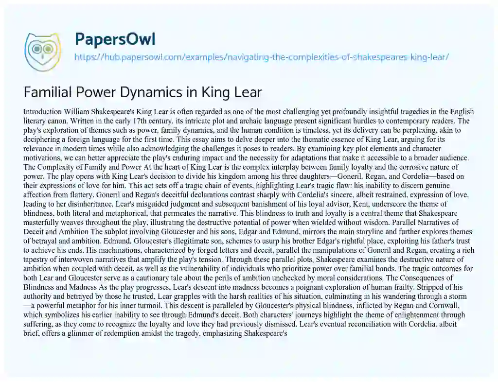 Essay on Familial Power Dynamics in King Lear