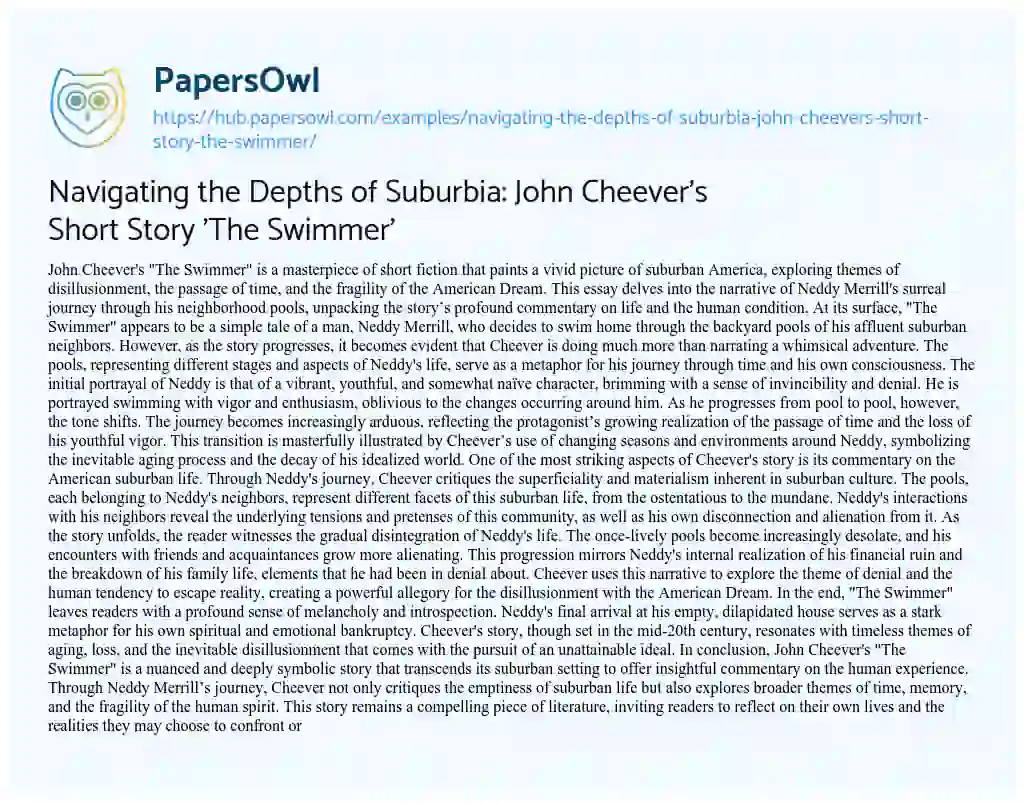 Essay on Navigating the Depths of Suburbia: John Cheever’s Short Story ‘The Swimmer’