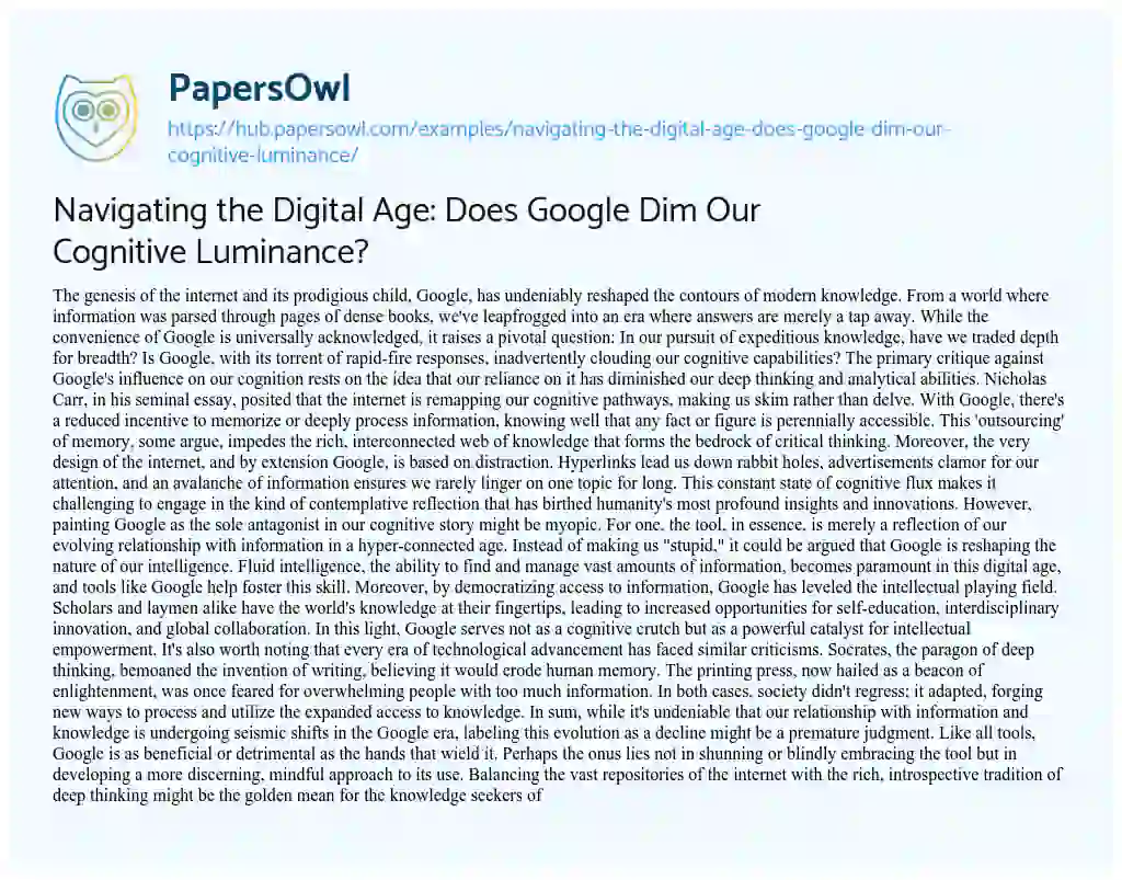 Essay on Navigating the Digital Age: Does Google Dim Our Cognitive Luminance?