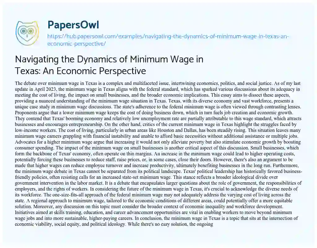 Essay on Navigating the Dynamics of Minimum Wage in Texas: An Economic Perspective