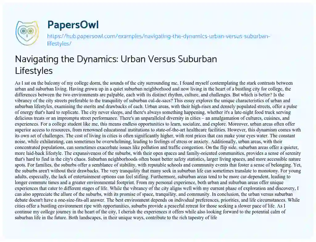 Essay on Navigating the Dynamics: Urban Versus Suburban Lifestyles