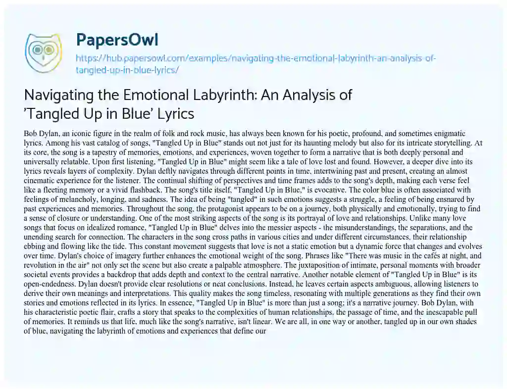 Essay on Navigating the Emotional Labyrinth: An Analysis of ‘Tangled Up in Blue’ Lyrics