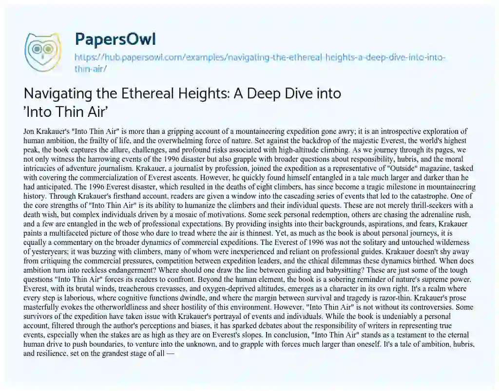 Essay on Navigating the Ethereal Heights: A Deep Dive into ‘Into Thin Air’