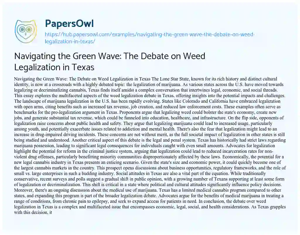 Essay on Navigating the Green Wave: The Debate on Weed Legalization in Texas
