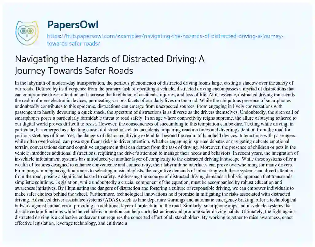 Essay on Navigating the Hazards of Distracted Driving: A Journey Towards Safer Roads