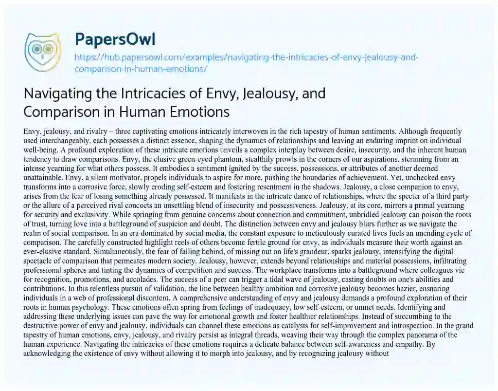 Essay on Navigating the Intricacies of Envy, Jealousy, and Comparison in Human Emotions
