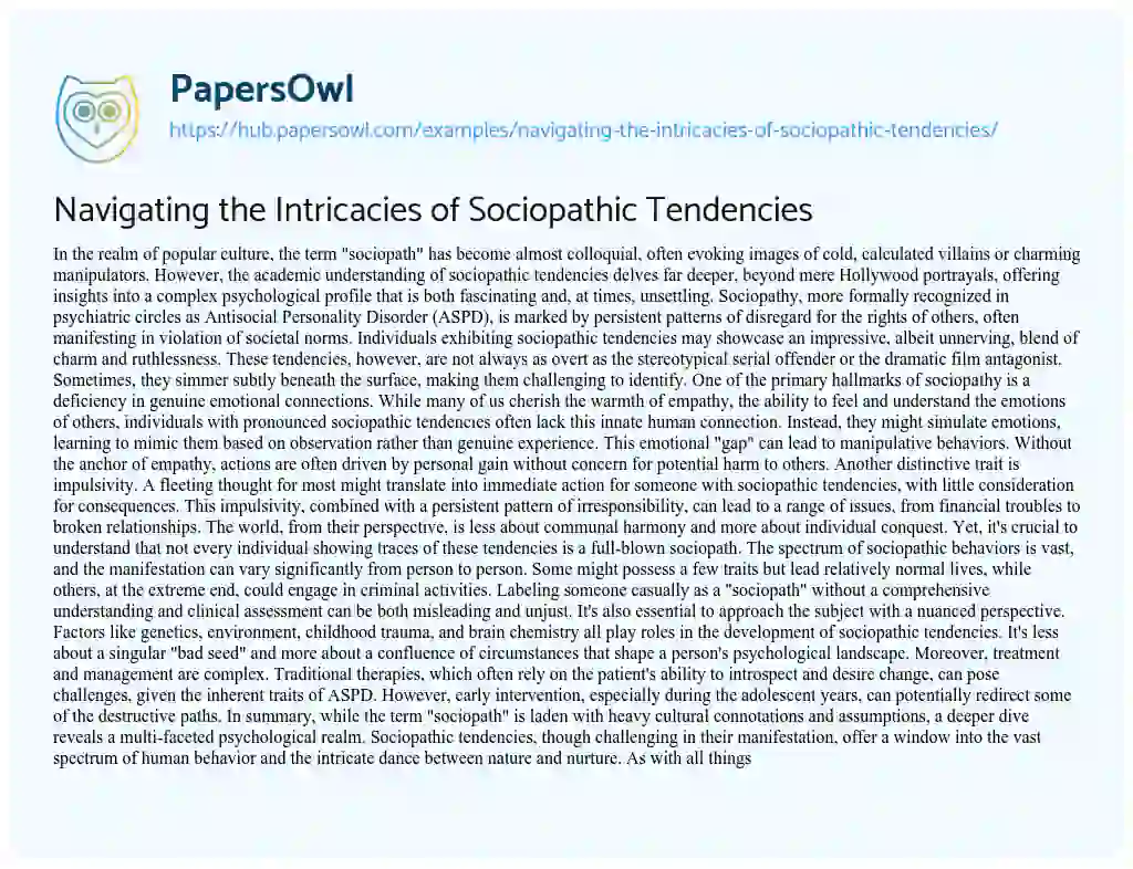 Essay on Navigating the Intricacies of Sociopathic Tendencies