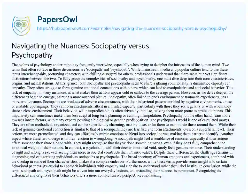 Essay on Navigating the Nuances: Sociopathy versus Psychopathy