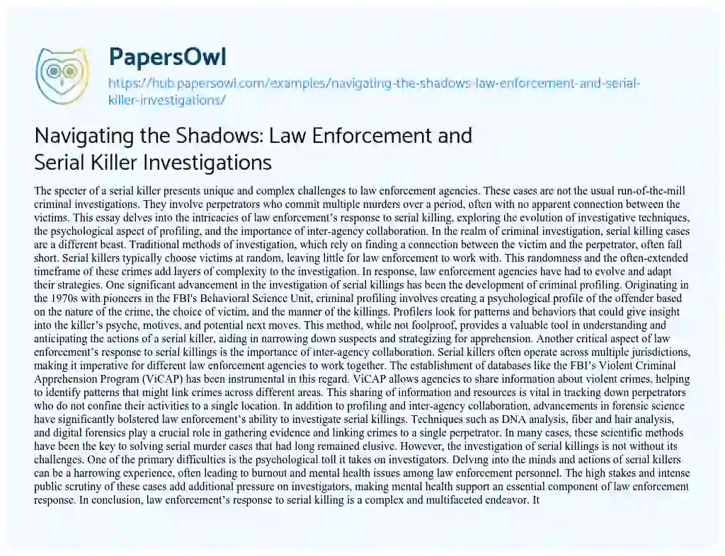 Essay on Navigating the Shadows: Law Enforcement and Serial Killer Investigations