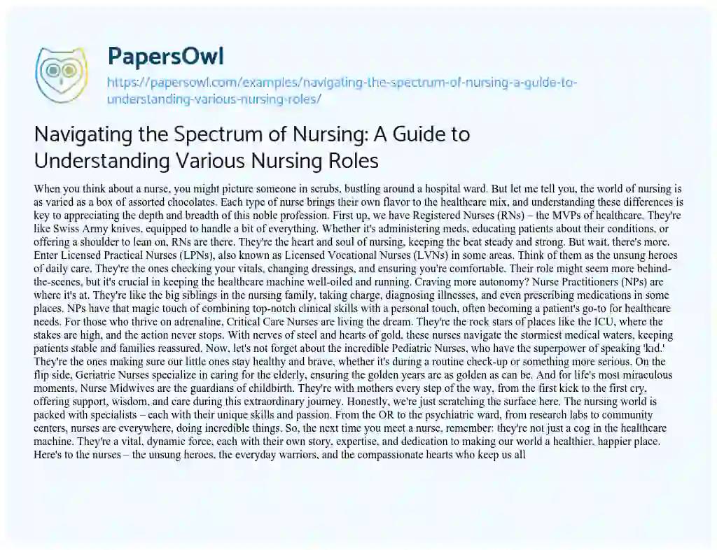 Essay on Navigating the Spectrum of Nursing: A Guide to Understanding Various Nursing Roles