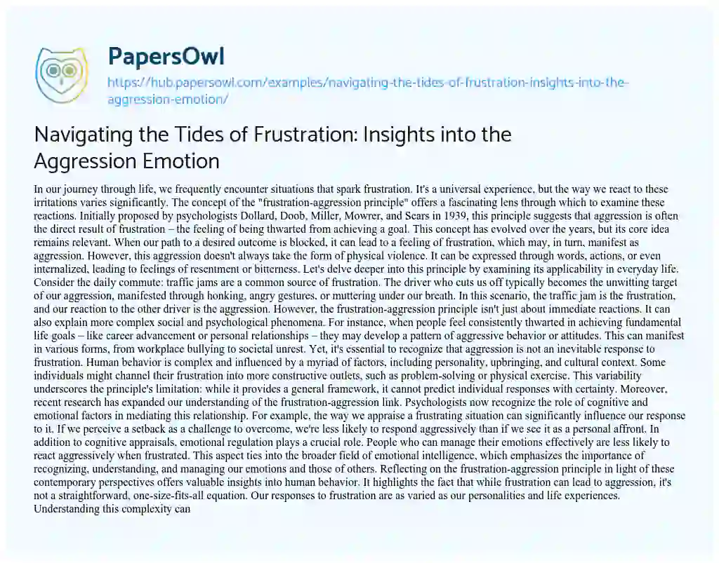 Essay on Navigating the Tides of Frustration: Insights into the Aggression Emotion