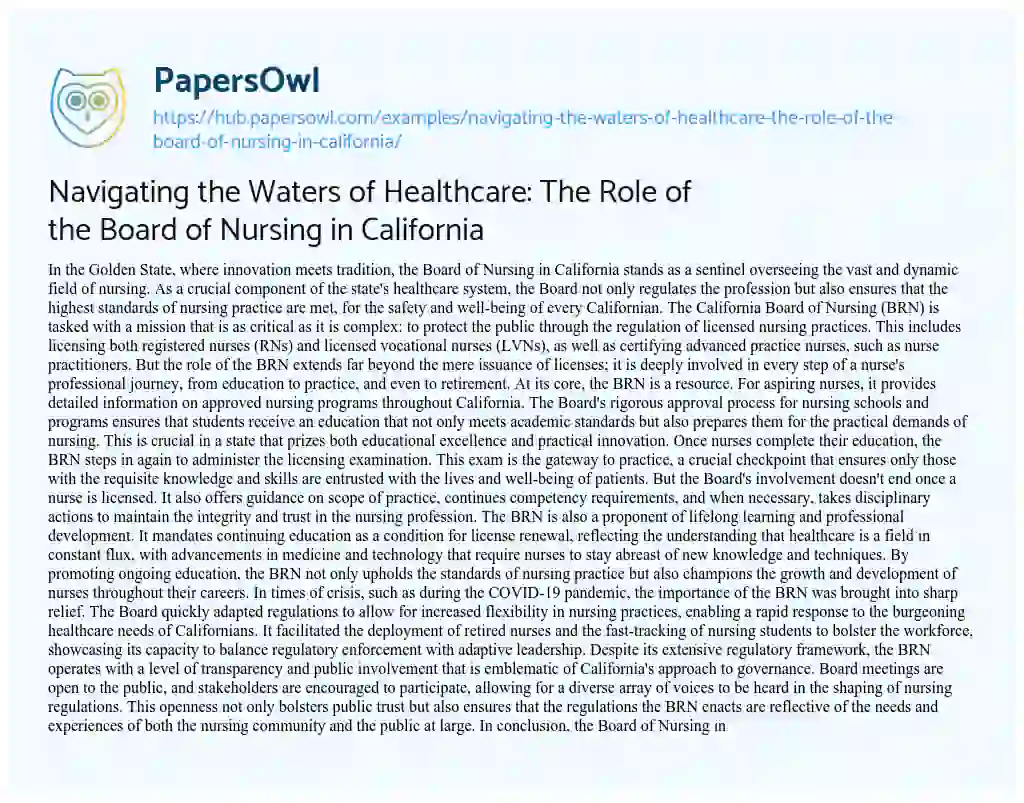 Essay on Navigating the Waters of Healthcare: The Role of the Board of Nursing in California