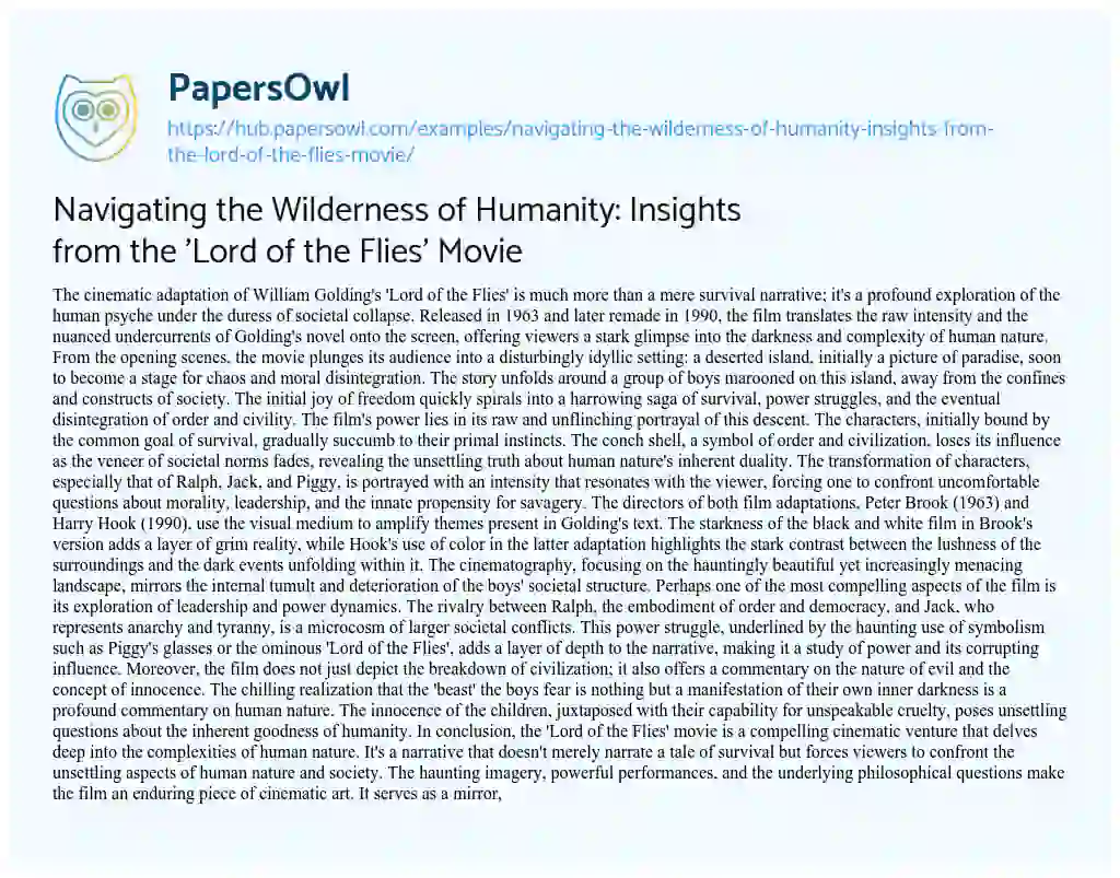Essay on Navigating the Wilderness of Humanity: Insights from the ‘Lord of the Flies’ Movie