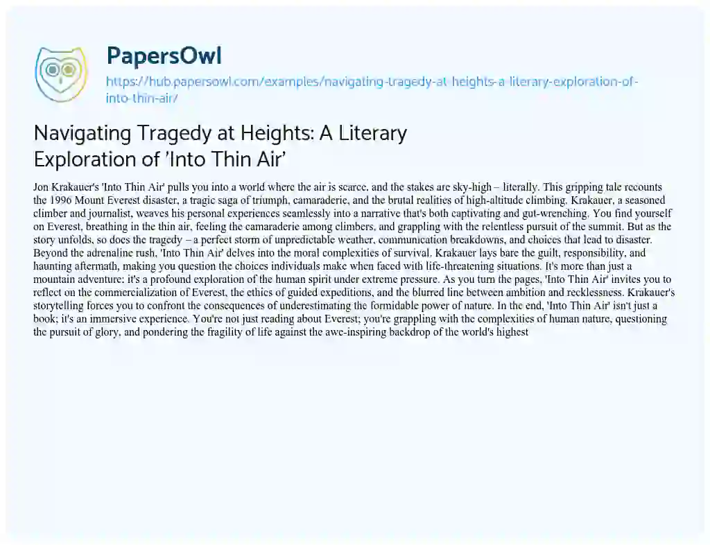 Essay on Navigating Tragedy at Heights: A Literary Exploration of ‘Into Thin Air’