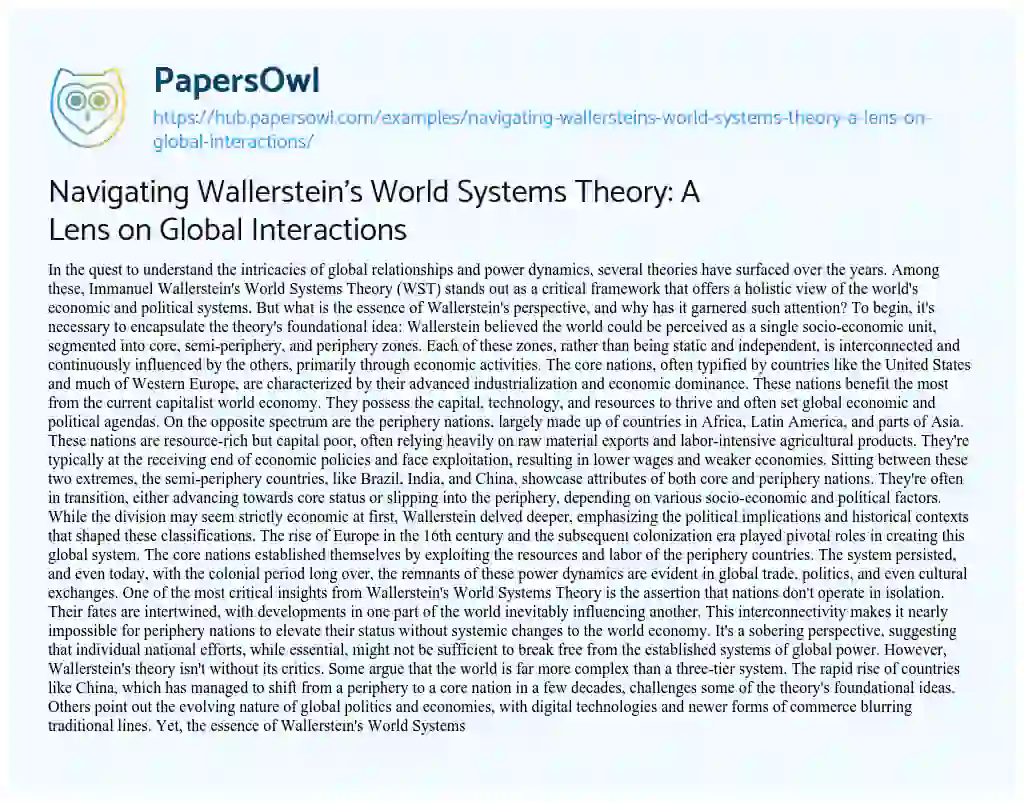 Essay on Navigating Wallerstein’s World Systems Theory: A Lens on Global Interactions
