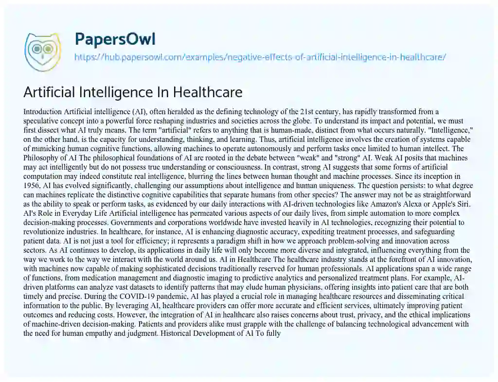 Essay on Artificial Intelligence In Healthcare