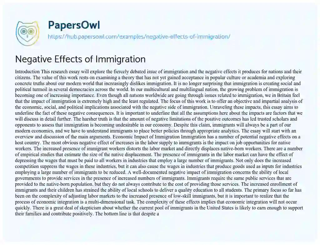Essay on Negative Effects of Immigration