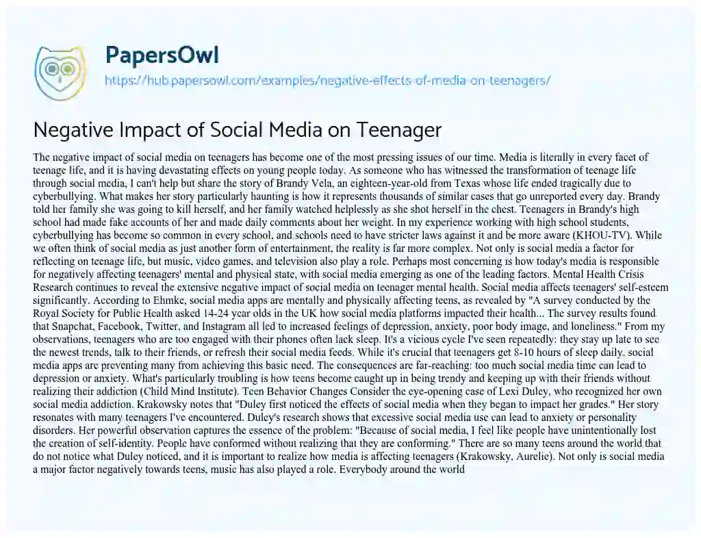 Essay on Negative Impact of Social Media on Teenager