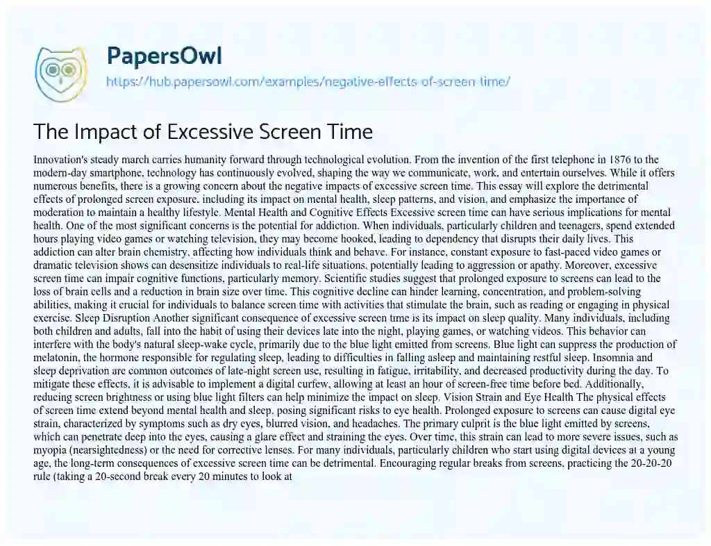 Essay on The Impact of Excessive Screen Time