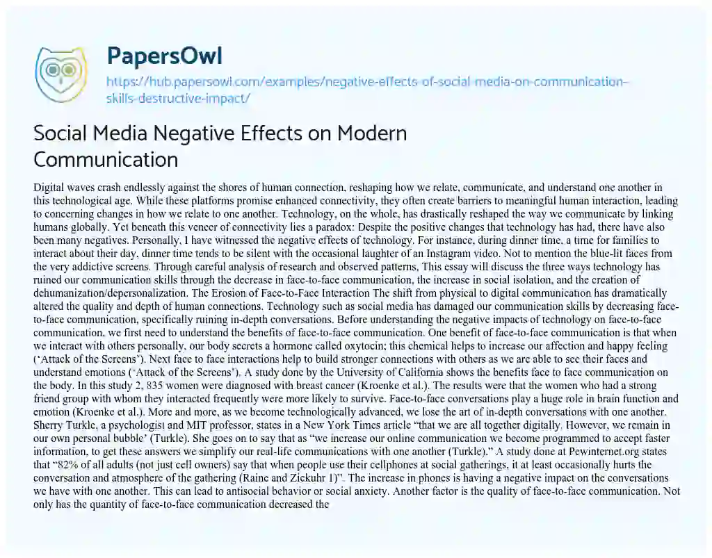 Essay on Social Media Negative Effects on Modern Communication