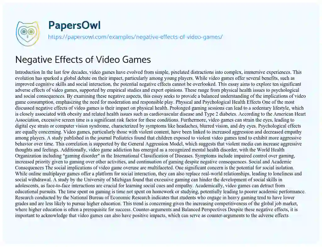 Essay on Negative Effects of Video Games