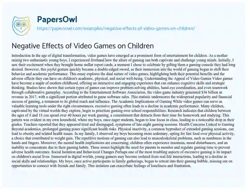 Essay on Negative Effects of Video Games on Children