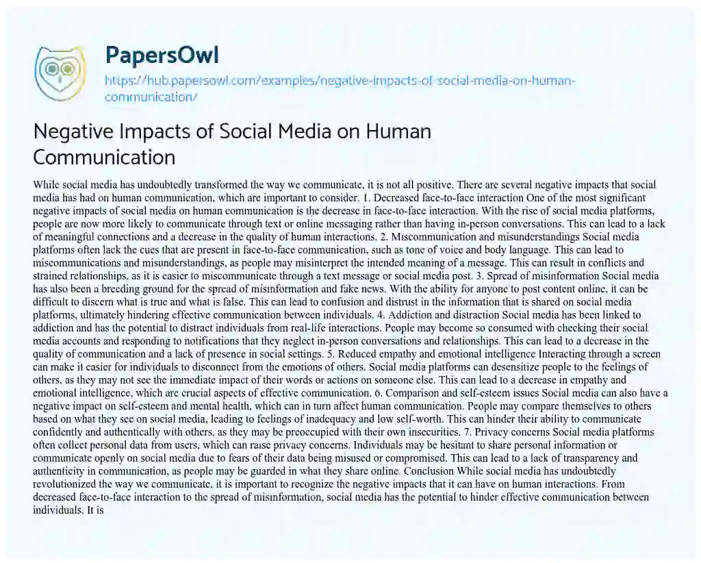 Essay on Negative Impacts of Social Media on Human Communication