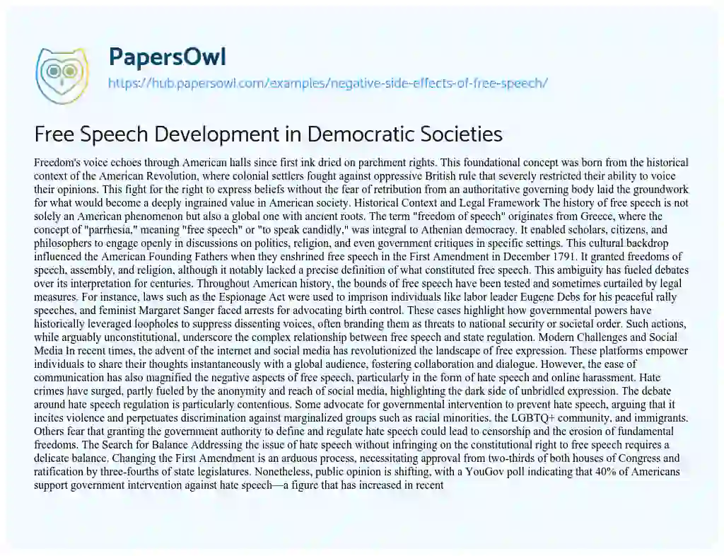 Essay on Free Speech Development in Democratic Societies