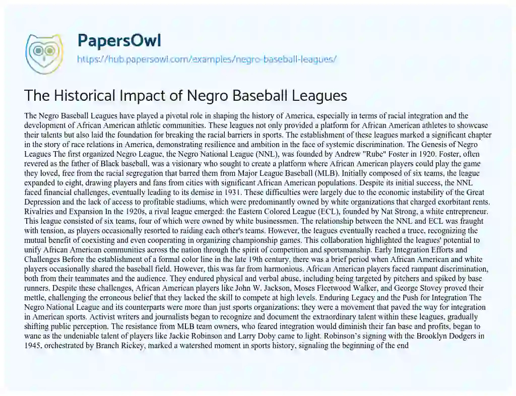 Essay on The Historical Impact of Negro Baseball Leagues