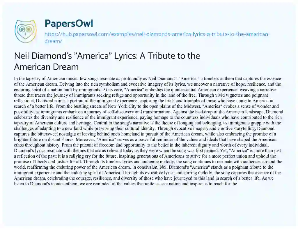 Essay on Neil Diamond’s “America” Lyrics: A Tribute to the American Dream