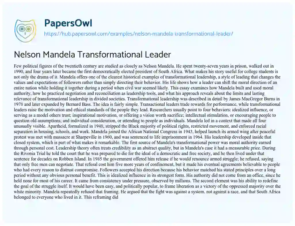 Essay on Nelson Mandela Transformational Leader