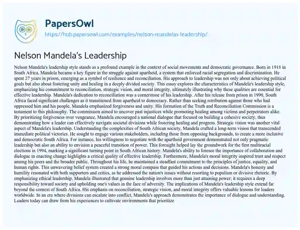 Essay on Nelson Mandela’s Leadership