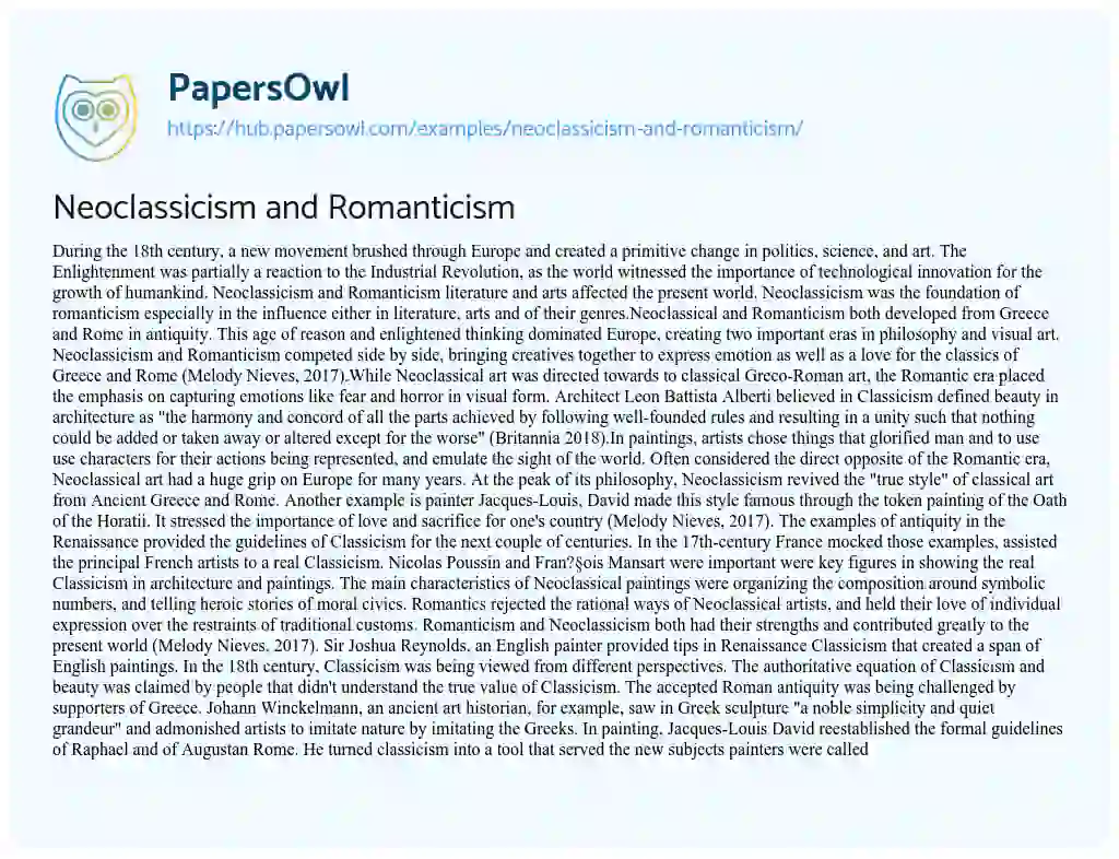 Essay on Neoclassicism and Romanticism