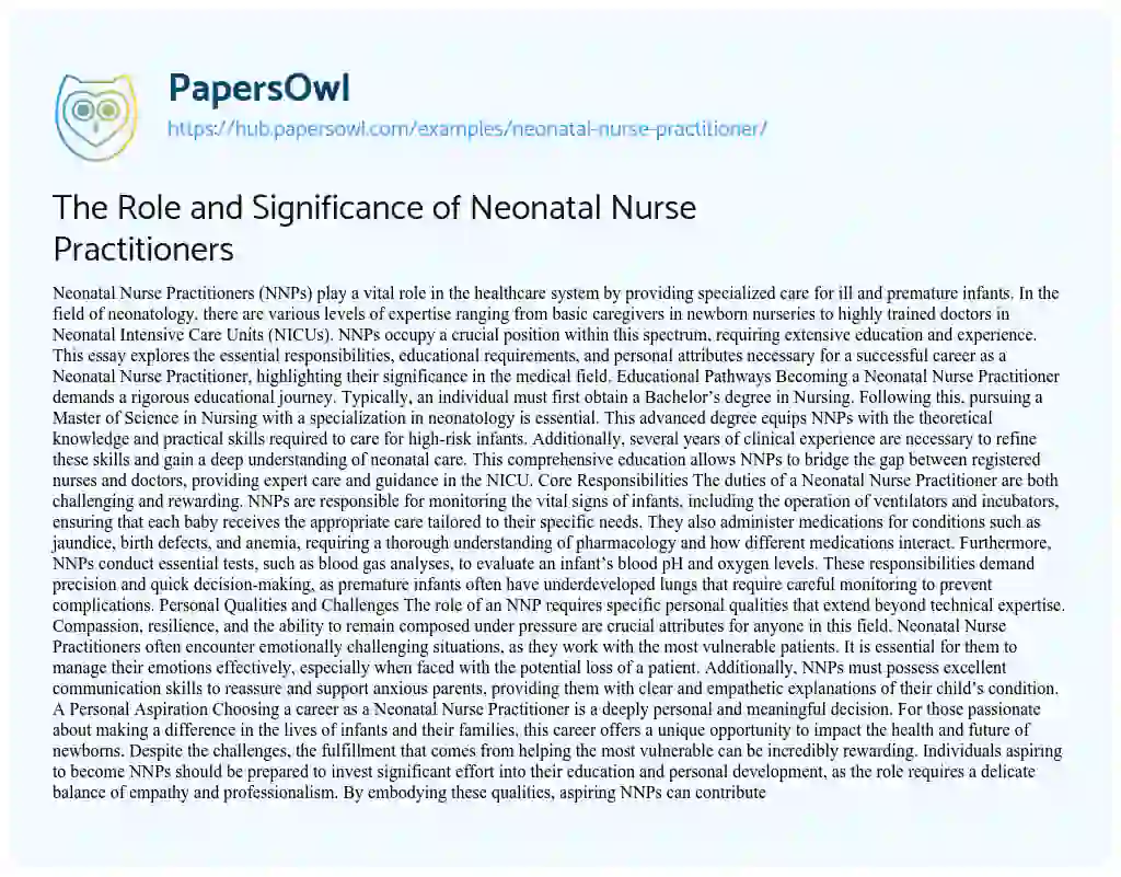 Essay on The Role and Significance of Neonatal Nurse Practitioners