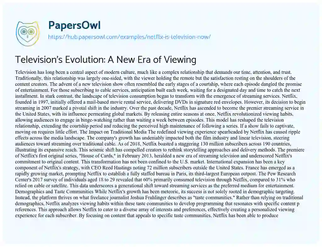 Essay on Television’s Evolution: A New Era of Viewing