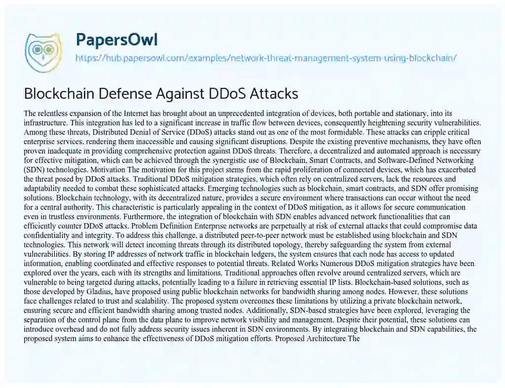 Essay on Blockchain Defense Against DDoS Attacks