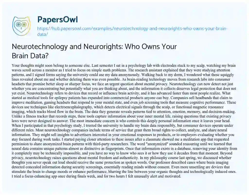 Essay on Neurotechnology and Neurorights: Who Owns Your Brain Data?