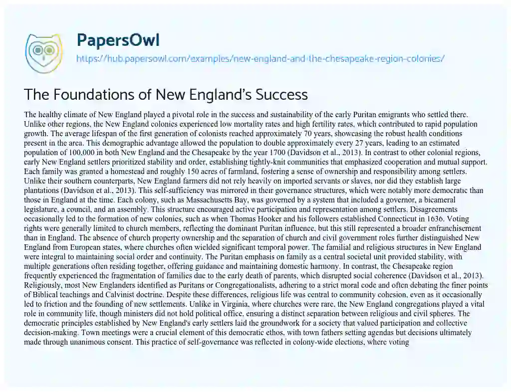 Essay on The Foundations of New England’s Success